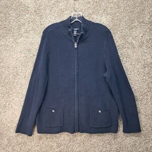 Chaps Mens 2X Navy Blue Full Zip Mock Neck Ribbed Cotton Knit Cardigan Sweater